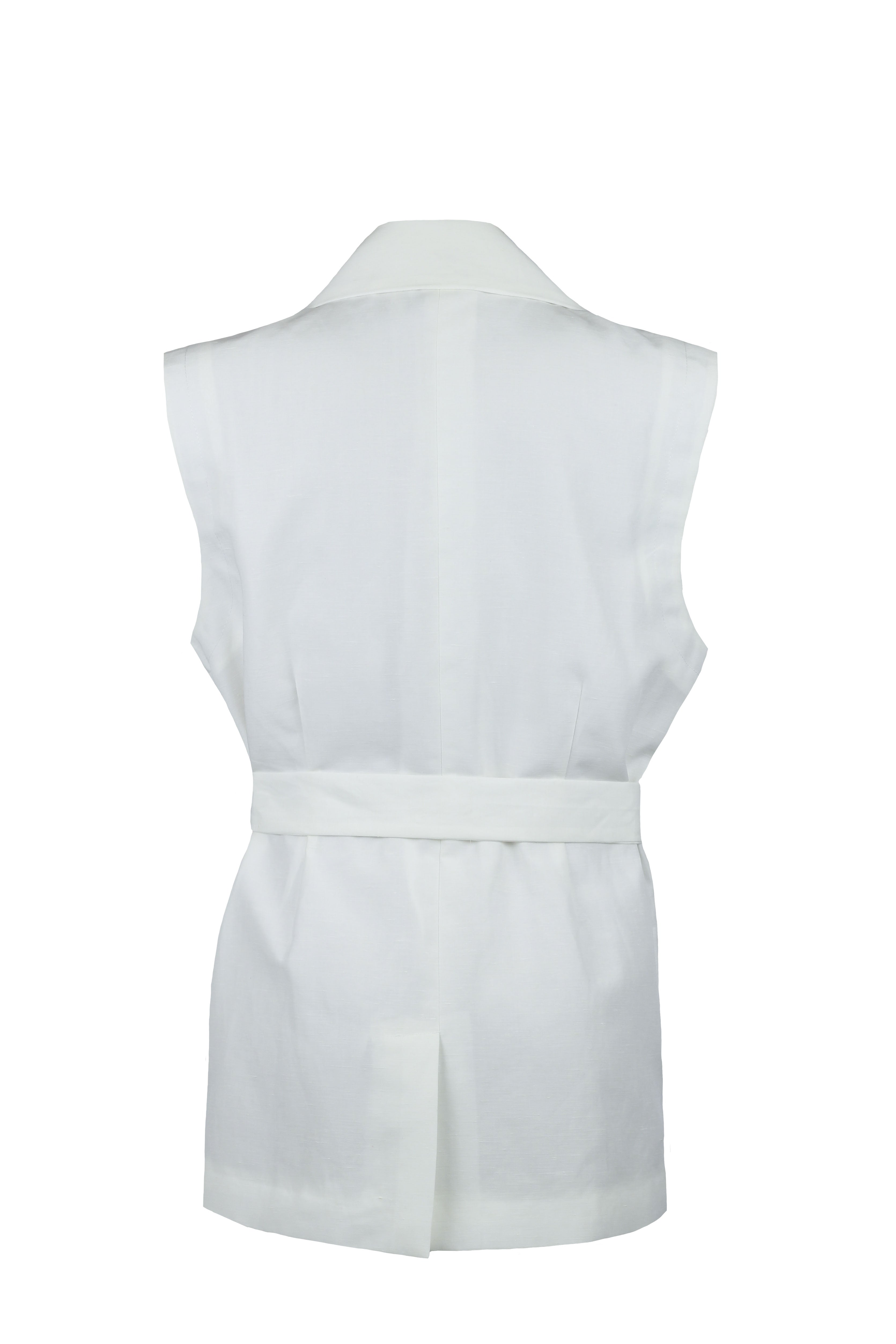 White sleeveless top with a belt on a white background